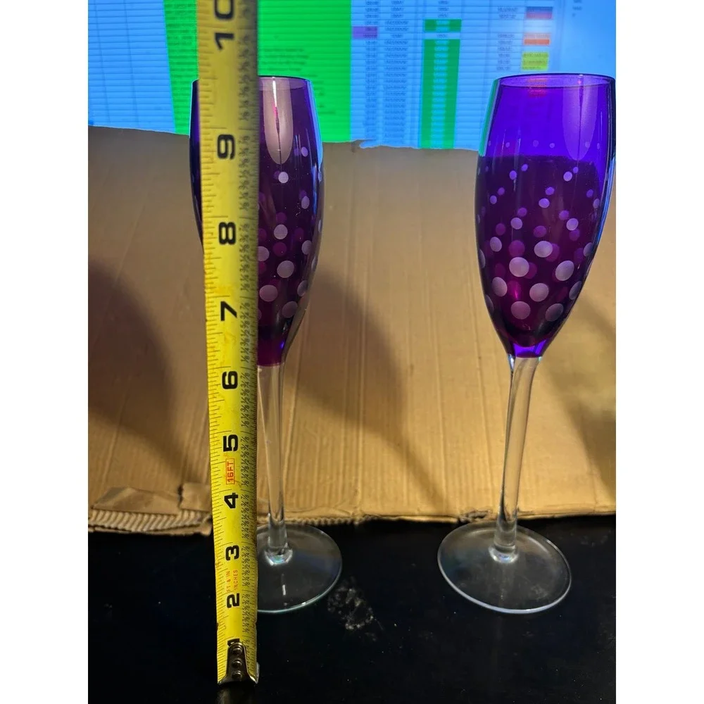 2 Purple CRYSTAL CHAMPAGNE FLUTES POLKA DOTS STRIPES 9.75 INCH 8 OZS